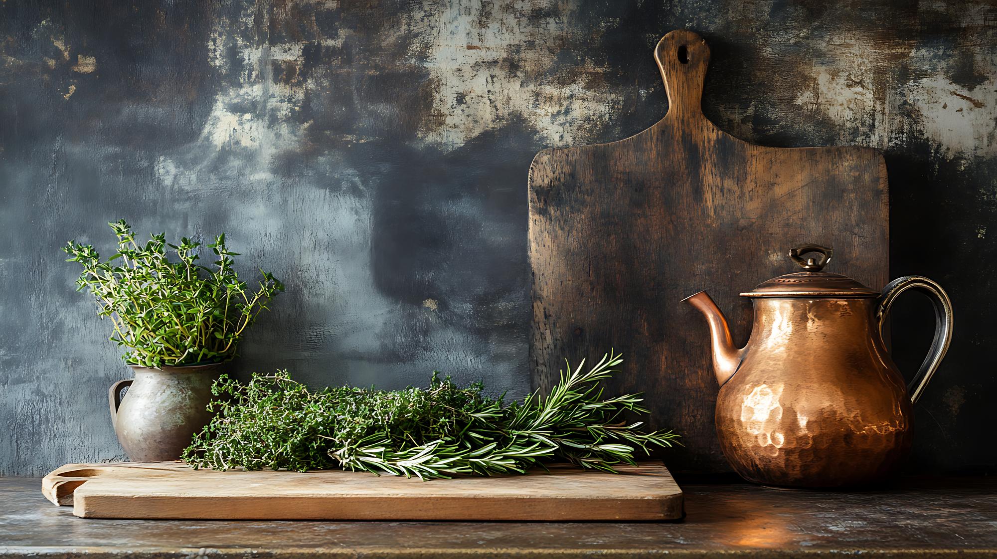 Small kitchen studio with herbs and cookware
